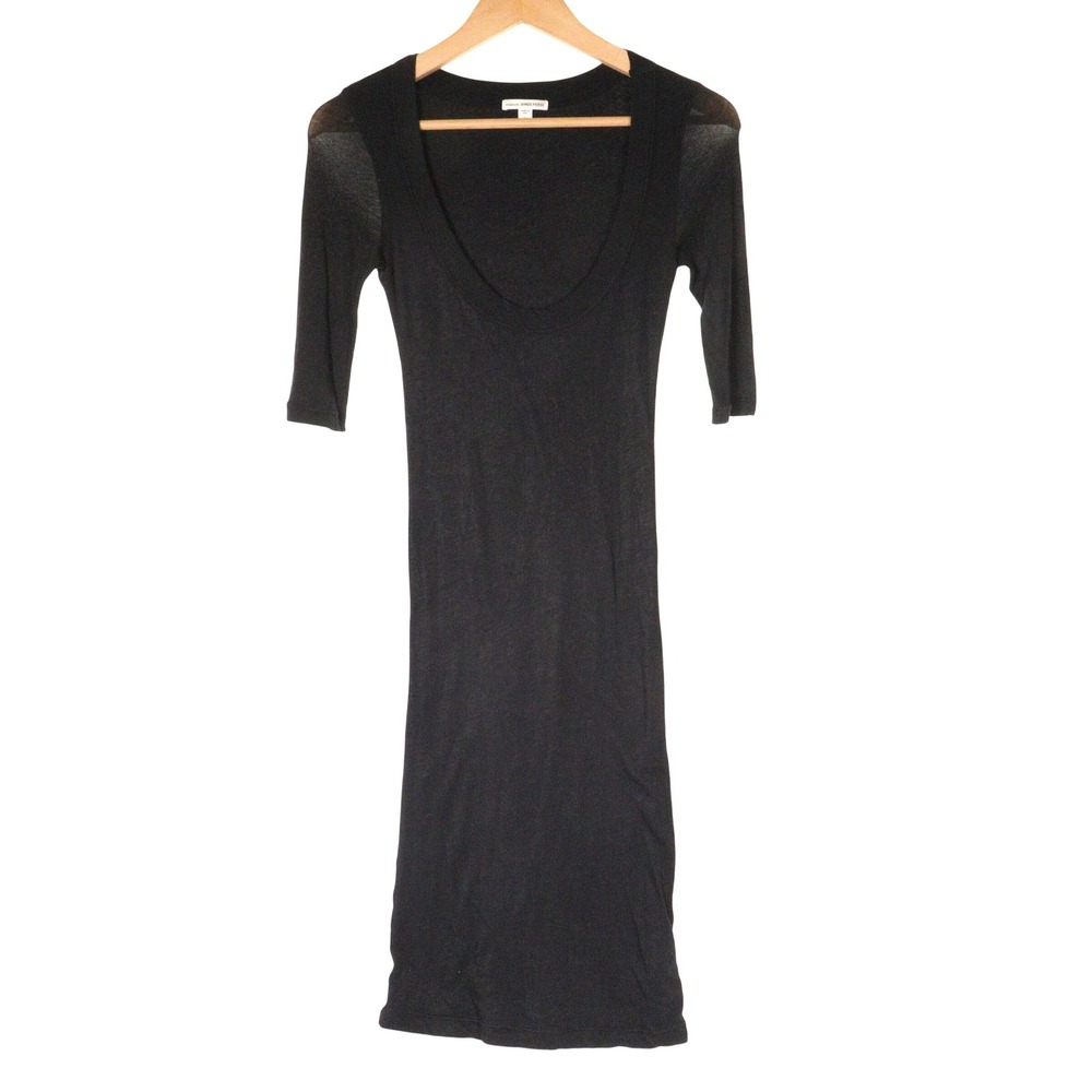 James Perse Dress Scoop Neck Bodycon Slinky Ribbed Black Japanese Cotton Women 1